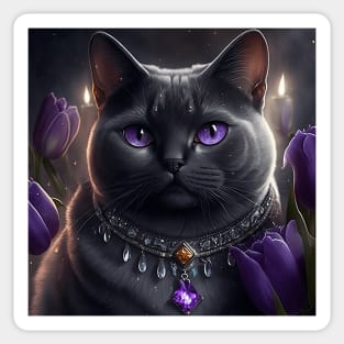 Black British Shorthair Cat With Tulips Sticker